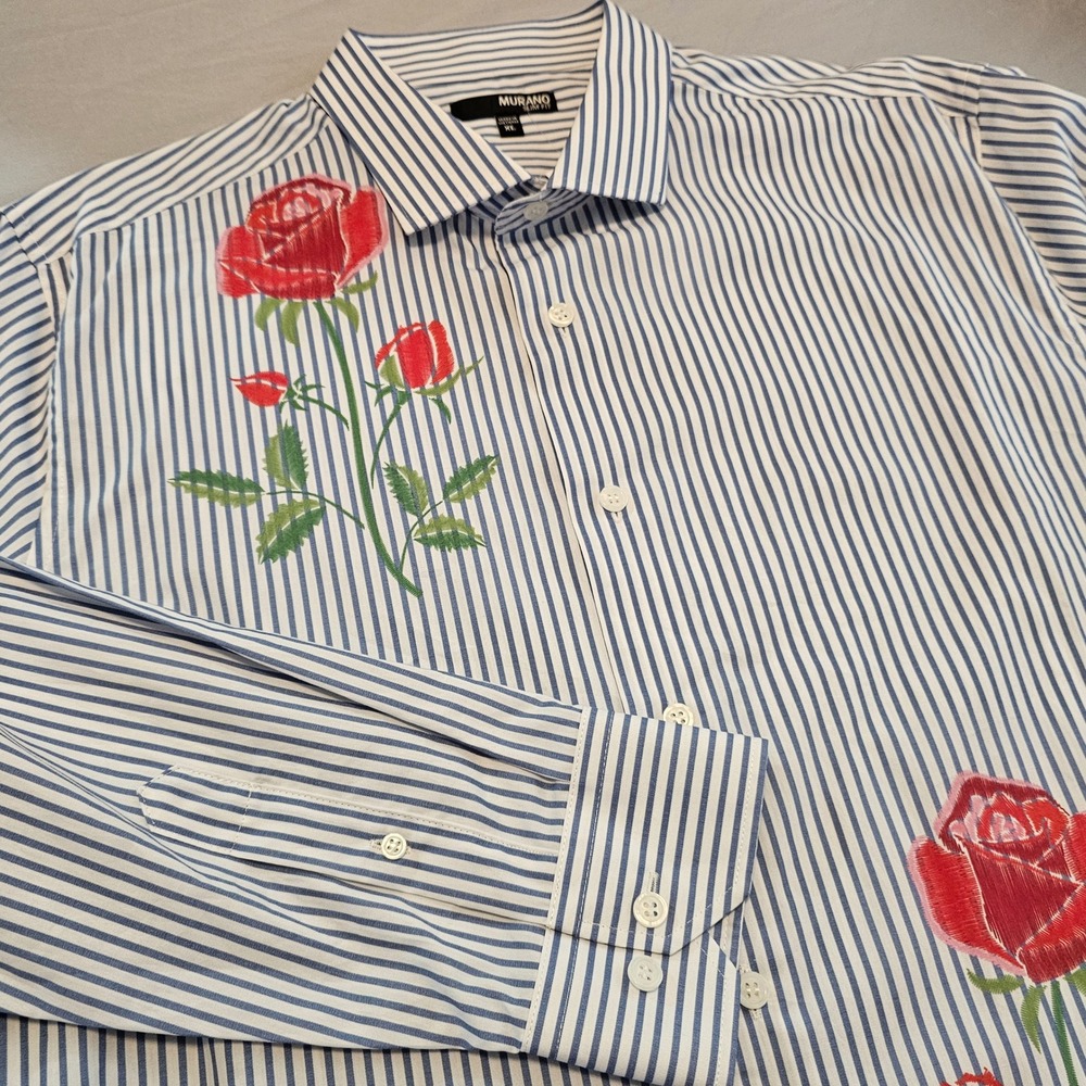 Murano Men's XL Corsa Di Cavalli Slim Fit Striped Rose Print L/S Shirt NWOT 1121